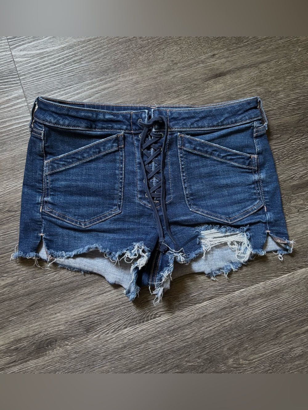 American Eagle Outfitters Dark Blue Lace-Up Frayed Denim Shorts
